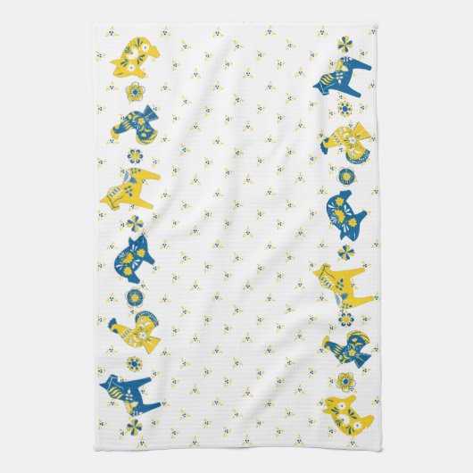 Zweedse Folk Dala Farm Animals l Blue and Yellow Theedoek (Verticaal)