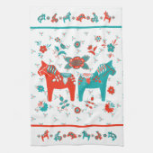Zweedse Folk Dala Horse l Blauwgroen en rood Theedoek (Verticaal)