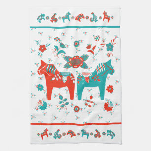 Zweedse Folk Dala Horse l Blauwgroen en rood Theedoek