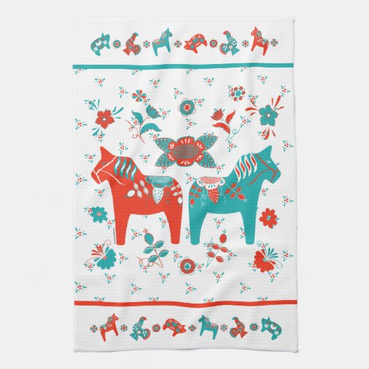 Zweedse Folk Dala Horse l Blauwgroen en rood Theedoek (Verticaal)