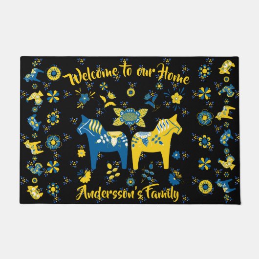 Zweedse Folk Dala Horse l Blue and Yellow Deurmat (Voorkant)