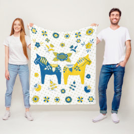 Zweedse Folk Dala Horse l Blue and Yellow Fleece Deken