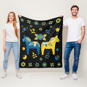 Zweedse Folk Dala Horse l Blue and Yellow Fleece Deken
