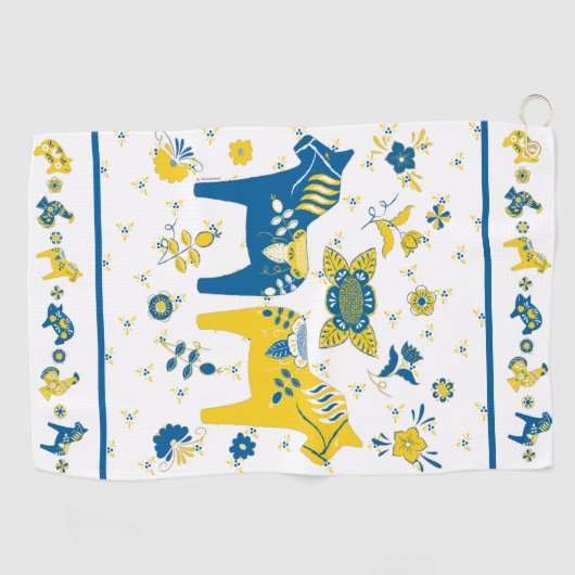Zweedse Folk Dala Horse l Blue and Yellow Golfhanddoek (Horizontaal)