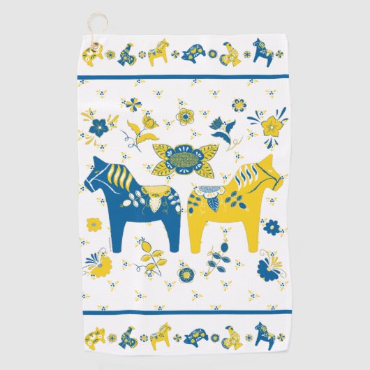 Zweedse Folk Dala Horse l Blue and Yellow Golfhanddoek (Voorkant)
