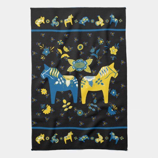 Zweedse Folk Dala Horse l Blue and Yellow Theedoek (Verticaal)