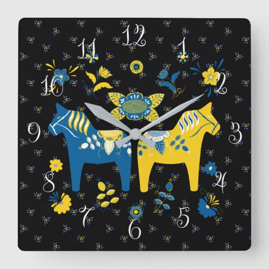 Zweedse Folk Dala Horse l Blue and Yellow Vierkante Klok (Voorkant)