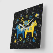 Zweedse Folk Dala Horse l Blue and Yellow Vierkante Klok (Hoek)