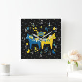 Zweedse Folk Dala Horse l Blue and Yellow Vierkante Klok (Huis)