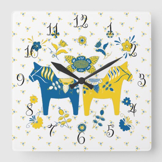 Zweedse Folk Dala Horse l Blue and Yellow Vierkante Klok (Voorkant)