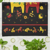 Zweedse Folk Dala Horse l Red en Geel Theedoek (Gevouwen)