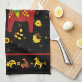 Zweedse Folk Dala Horse l Red en Geel Theedoek (Quarter Fold)