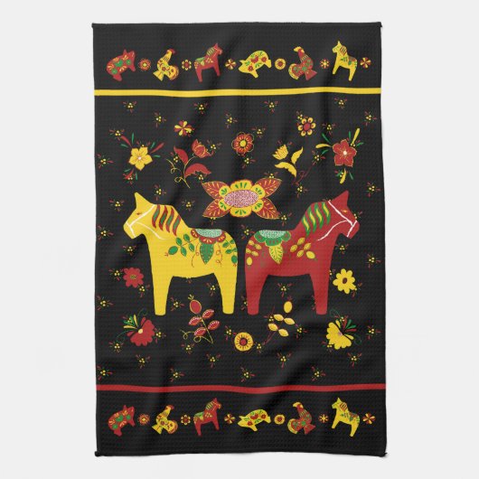 Zweedse Folk Dala Horse l Red en Geel Theedoek (Verticaal)