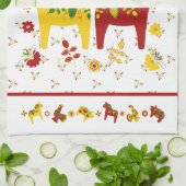 Zweedse Folk Dala Horse l Red en Geel Theedoek (Gevouwen)