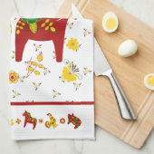 Zweedse Folk Dala Horse l Red en Geel Theedoek (Quarter Fold)