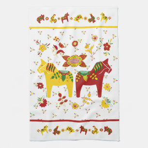Zweedse Folk Dala Horse l Red en Geel Theedoek