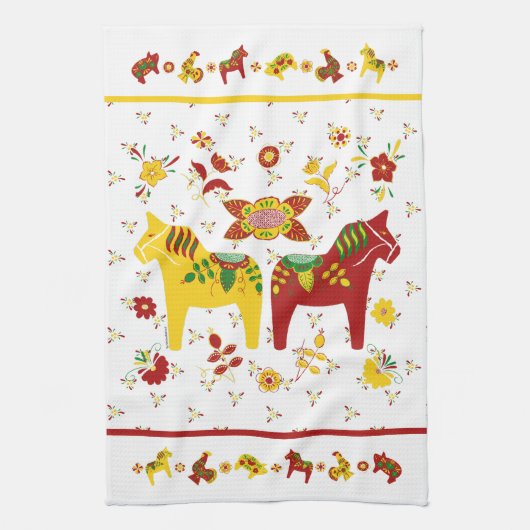 Zweedse Folk Dala Horse l Red en Geel Theedoek (Verticaal)