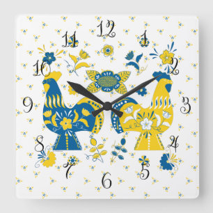 Zweedse Folk Dala Rooster l Blue and Yellow Vierkante Klok