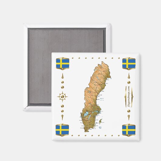 Zweedse kaart + Vlaggen Magnet (Voorkant / Achterkant)