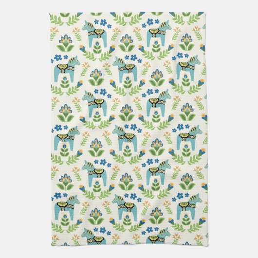 Zweedse paarden Dala Blauwgroen Theedoek (Verticaal)