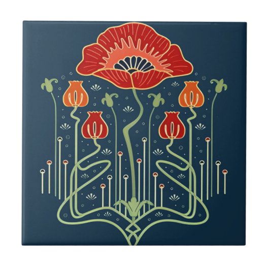 zweedse tegels oranje blauwe bloemen tegeltje (Voorkant)