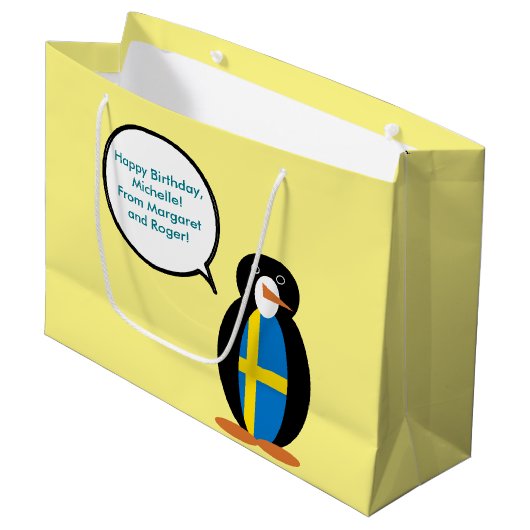 Zweedse vlag Pratende Ms. Penguin gepersonaliseerd Groot Cadeauzakje (Voorkant Gekanteld)