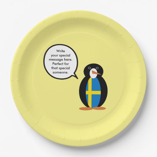 Zweedse vlag Pratende Ms. Penguin gepersonaliseerd Papieren Bordje (Voorkant)