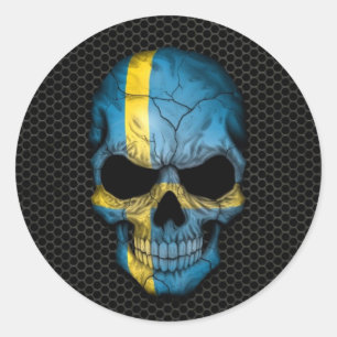 Zweedse vlag schedel op stalen gaas Graphic Ronde Sticker