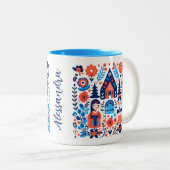 Zweedse volkskunst naam tweekleurige koffiemok (Voorkant rechts)