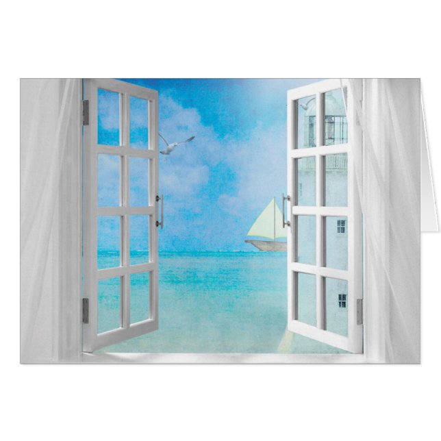 zweefboot en vuurtoren in venster voor naamdag (Voorkant Horizontaal)