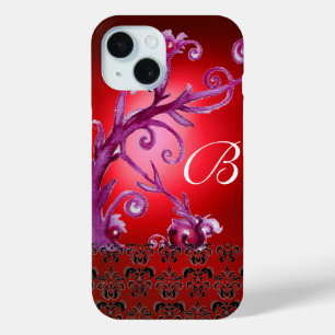 ZWEEFSELS, BERRIES DAMASK MONOGRAM roze zwart rood iPhone 15 Case
