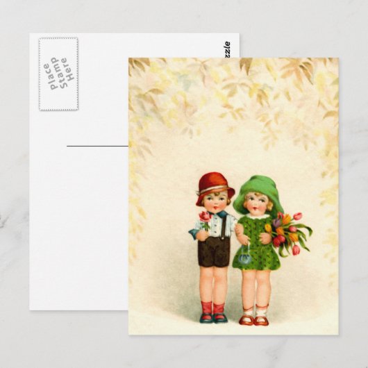zwei Kinder en Blumen Briefkaart (Voorkant / Achterkant)