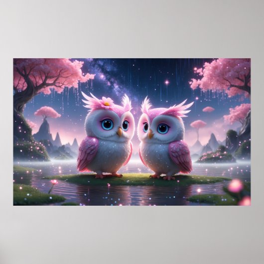 Zwei kleine Eulen in einer Traumwelt  Poster (Voorkant)