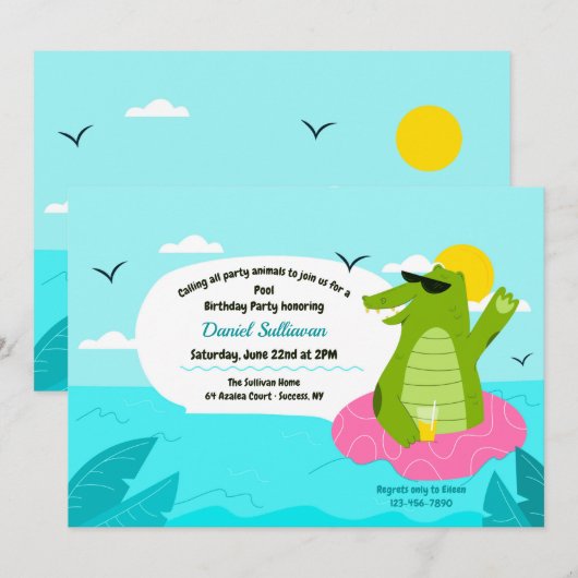 Zwemalligator Birthday Party Kaart (Voorkant / Achterkant)