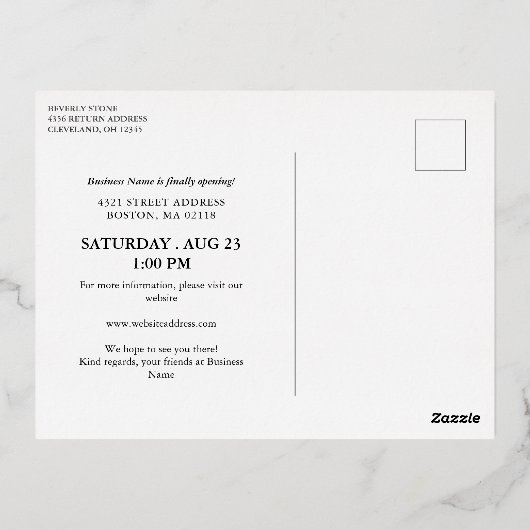 Zwematisch script & Gold Foil Confetti Grand Openi Folie Uitnodiging Briefkaart (Achterkant)