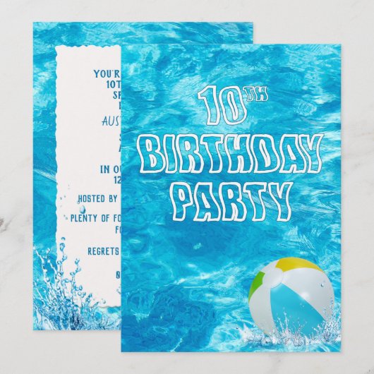 Zwembad 10e Verjaardag Feest Uitnodiging (Voorkant / Achterkant)