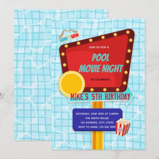 Zwembad drive-in filmavondfeest kaart (Voorkant / Achterkant)