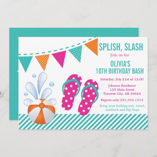 Zwembad of strand verjaardagsfeestje uitnodigingen (Voorkant / Achterkant)