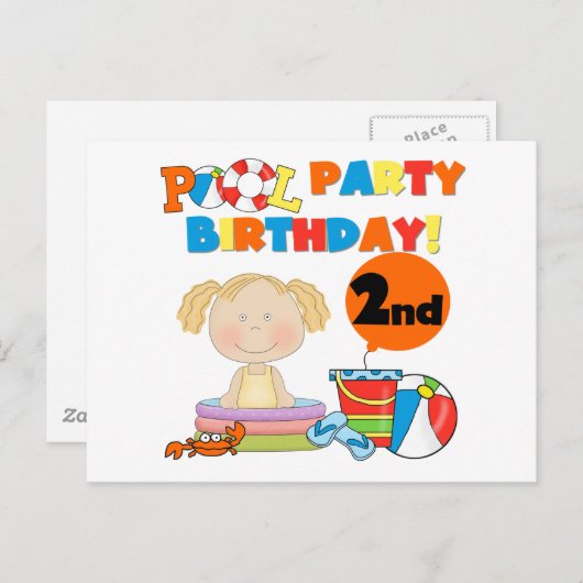 Zwembad Party 2e Verjaardag Tshirts en geschenken Uitnodiging Briefkaart (Voorkant / Achterkant)