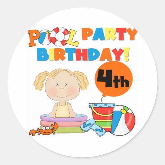 Zwembad Party 4e verjaardag Tshirts en geschenken Ronde Sticker (Voorkant)
