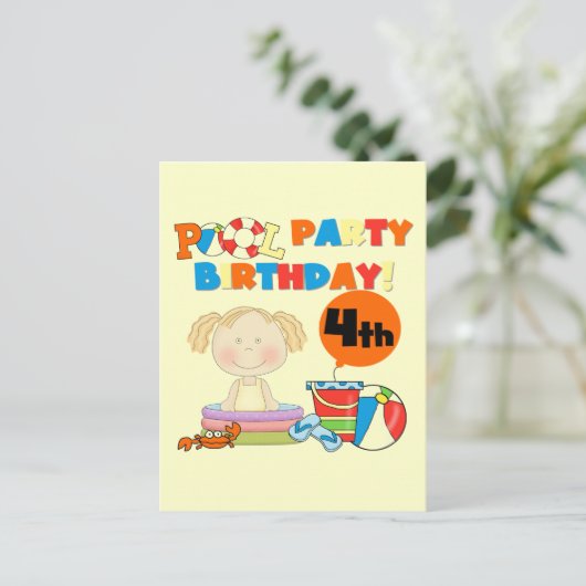 Zwembad Party 4e verjaardag Tshirts en geschenken Uitnodiging Briefkaart (Staand voorkant)