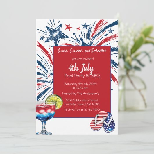 Zwembad Party BBQ 4 juli uitnodiging (Staand voorkant)