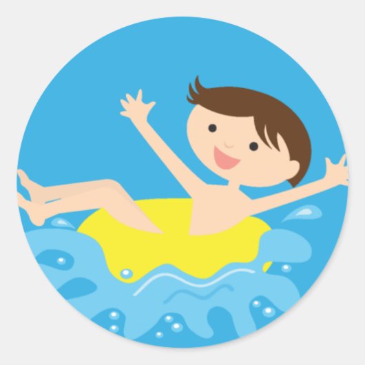 Zwembad Party Brunette Jongen Ronde Sticker (Voorkant)