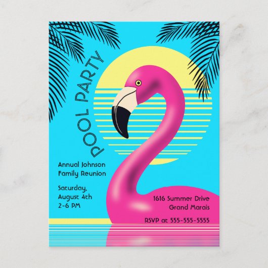 Zwembad Party Flamingo Float Retro Zomer Tropisch Uitnodiging Briefkaart (Voorkant)