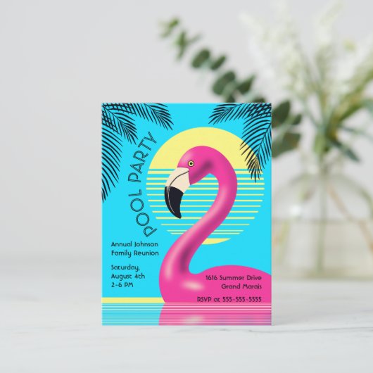Zwembad Party Flamingo Float Retro Zomer Tropisch Uitnodiging Briefkaart (Staand voorkant)
