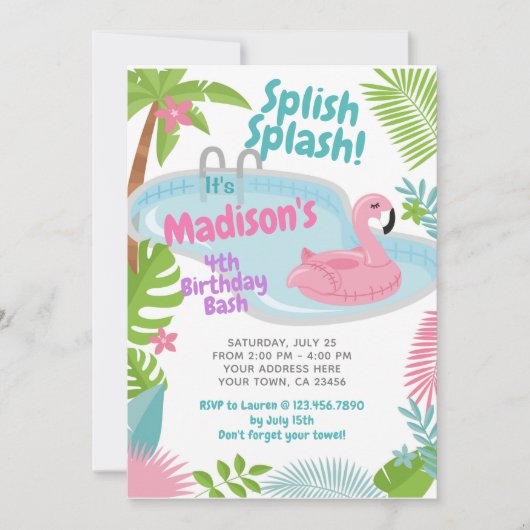 Zwembad Party Flamingo Verjaardag uitnodiging (Voorkant)