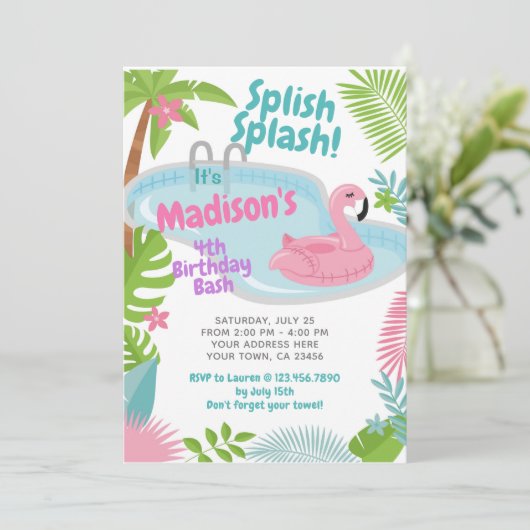 Zwembad Party Flamingo Verjaardag uitnodiging (Staand voorkant)