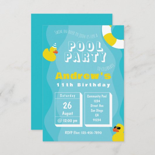 Zwembad Party - Kinder thema verjaardagsfeestuitno Kaart (Voorkant / Achterkant)