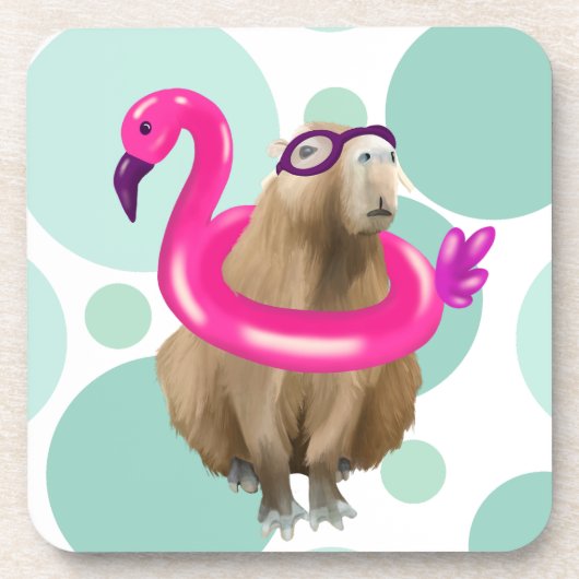 Zwembad Party Leuke Capybara met roze flamingo vlo Bier Onderzetter (Voorkant)