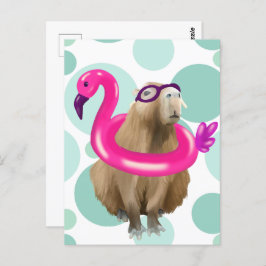 Zwembad Party Leuke Capybara met roze flamingo vlo Briefkaart